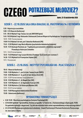 Plakat konferencji „Czego potrzebuje młodzież? 2.0” w Opolu w dniach 22-23 października 2026, z programem wykładów, dyskusji i wydarzeń towarzyszących.